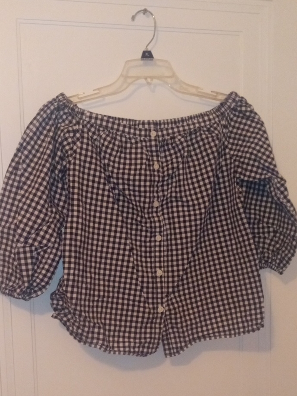 women black white checkered top, on/off shoulder , small
